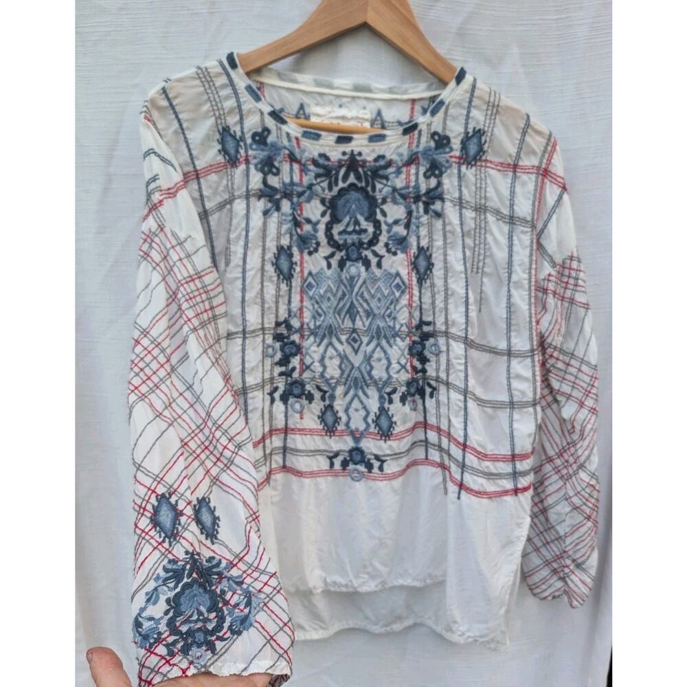 Johnny Was BIYA Embroidered Boho Peasant‎ Top Blouse Sz XS Oversized Semi Sheer